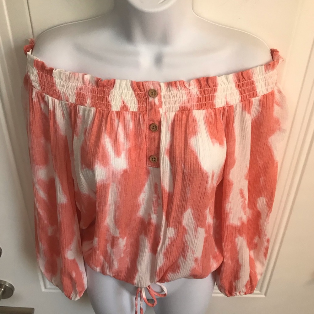 🔴 4/$15 Boutique coral & white tie dye crepey off-shoulder blouson top sz S NWT - Picture 12 of 15